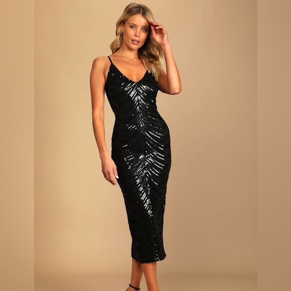 Lulus Black Sequin Bodycon Midi Dress